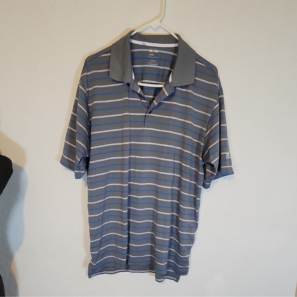 adidas Climalite Moisture Wicking Men's L Striped‎ Golf Polo Gray Blue